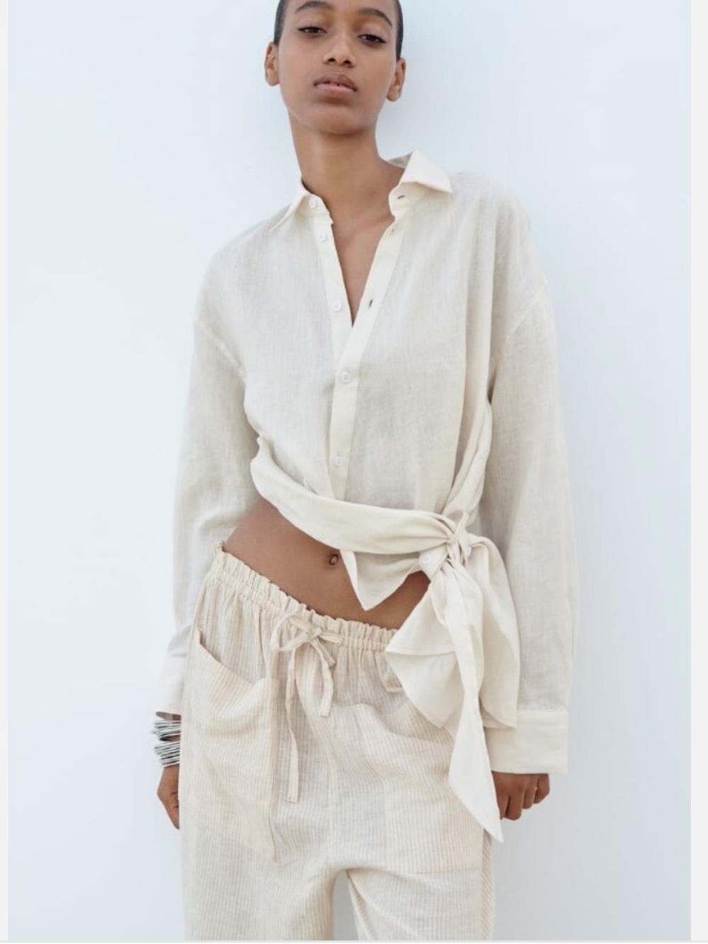 ZARA Women Asymmetrical LINEN Button Up Shirt LARGE ECRU Ivory NWT Resortwear
